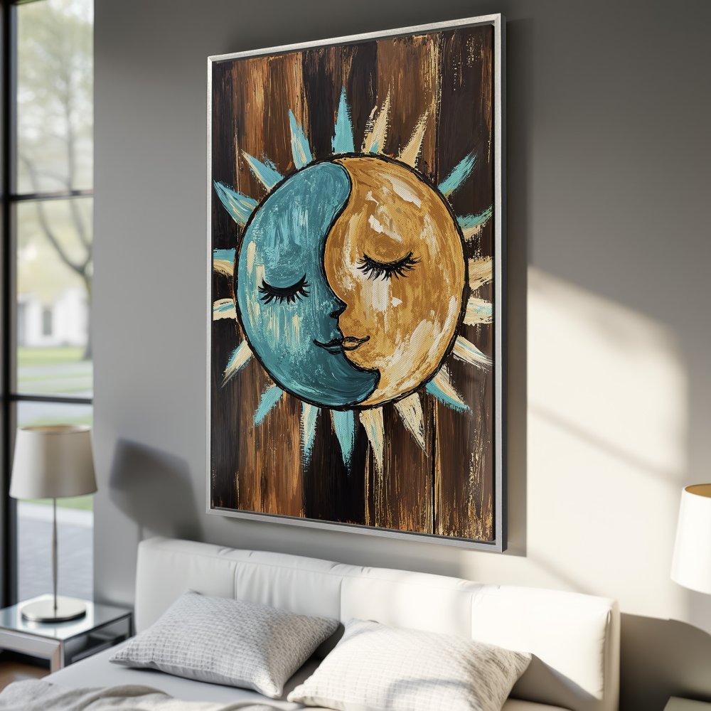 Framed Wall Art: Bohemian sun and moon canvas print in teal and gold. Perfect for bedroom decor!