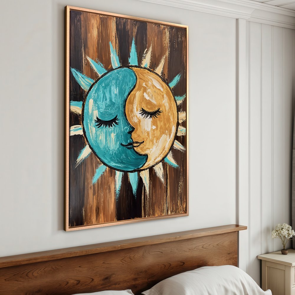 Framed Wall Art: Abstract sun & moon painting in teal, gold, and brown. Rustic style canvas print for bedroom decor.