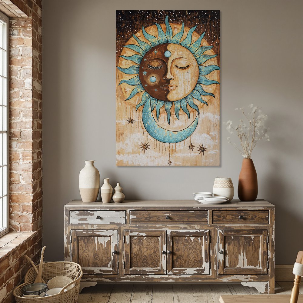 Framed Wall Art: Celestial sun and moon art print in teal, brown, and gold. Boho style canvas print for dining room decor.