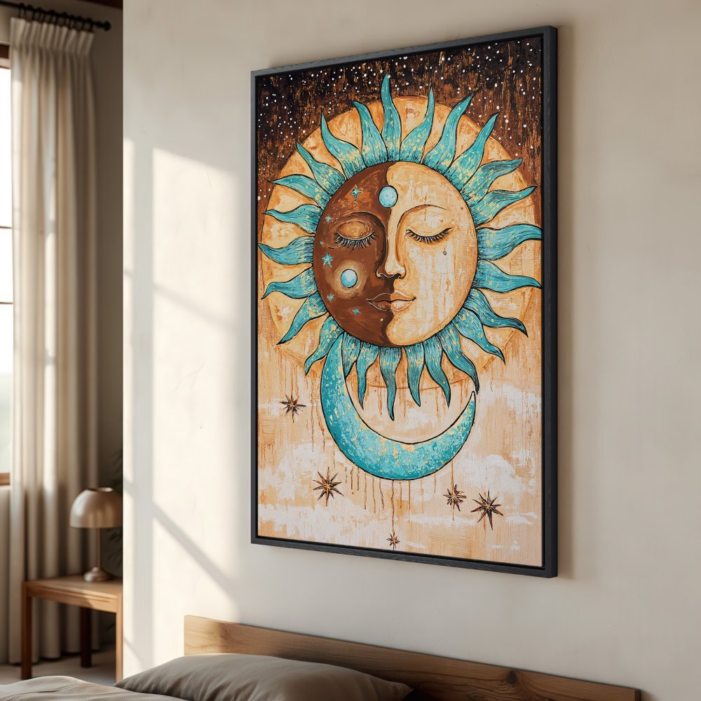 Framed Wall Art: Celestial sun and moon artwork in teal and brown. Bohemian style canvas print perfect for bedroom decor.