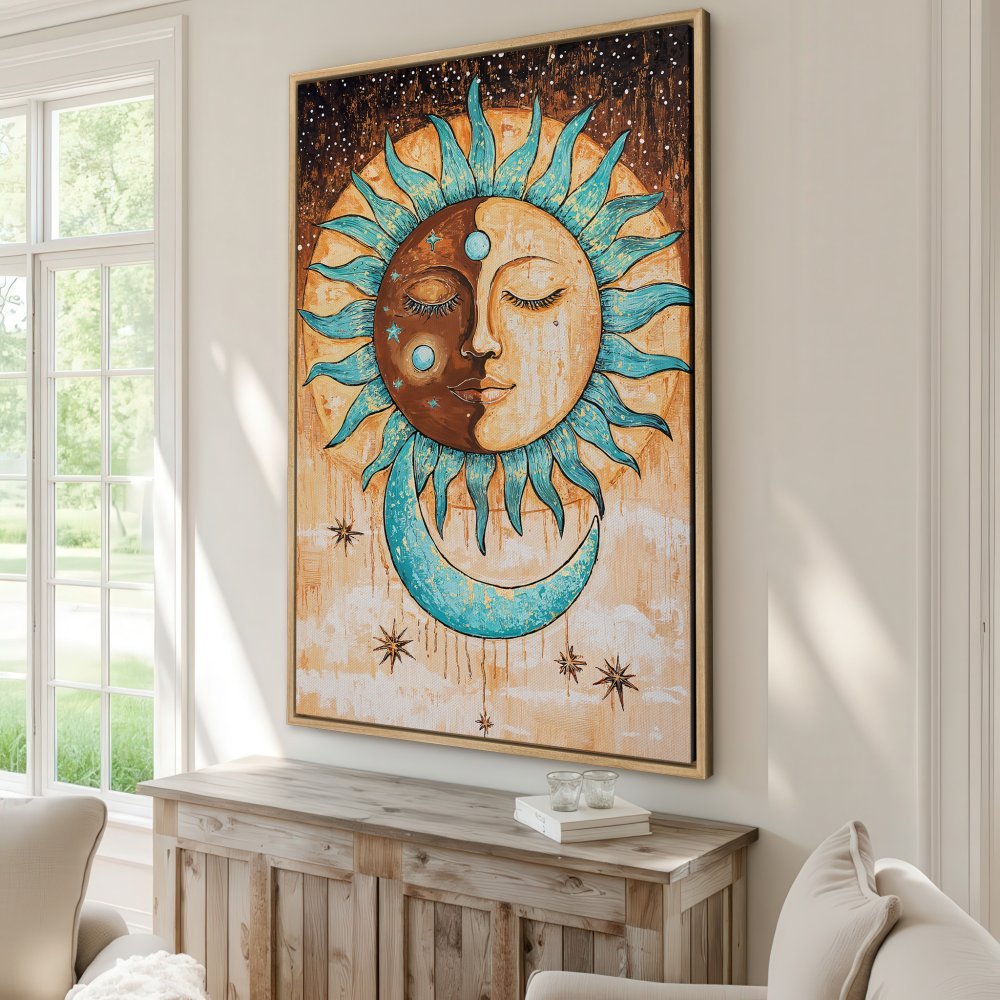 Framed Wall Art: Celestial sun and moon painting in boho style with teal and brown tones. Add a touch of magic to your home decor!