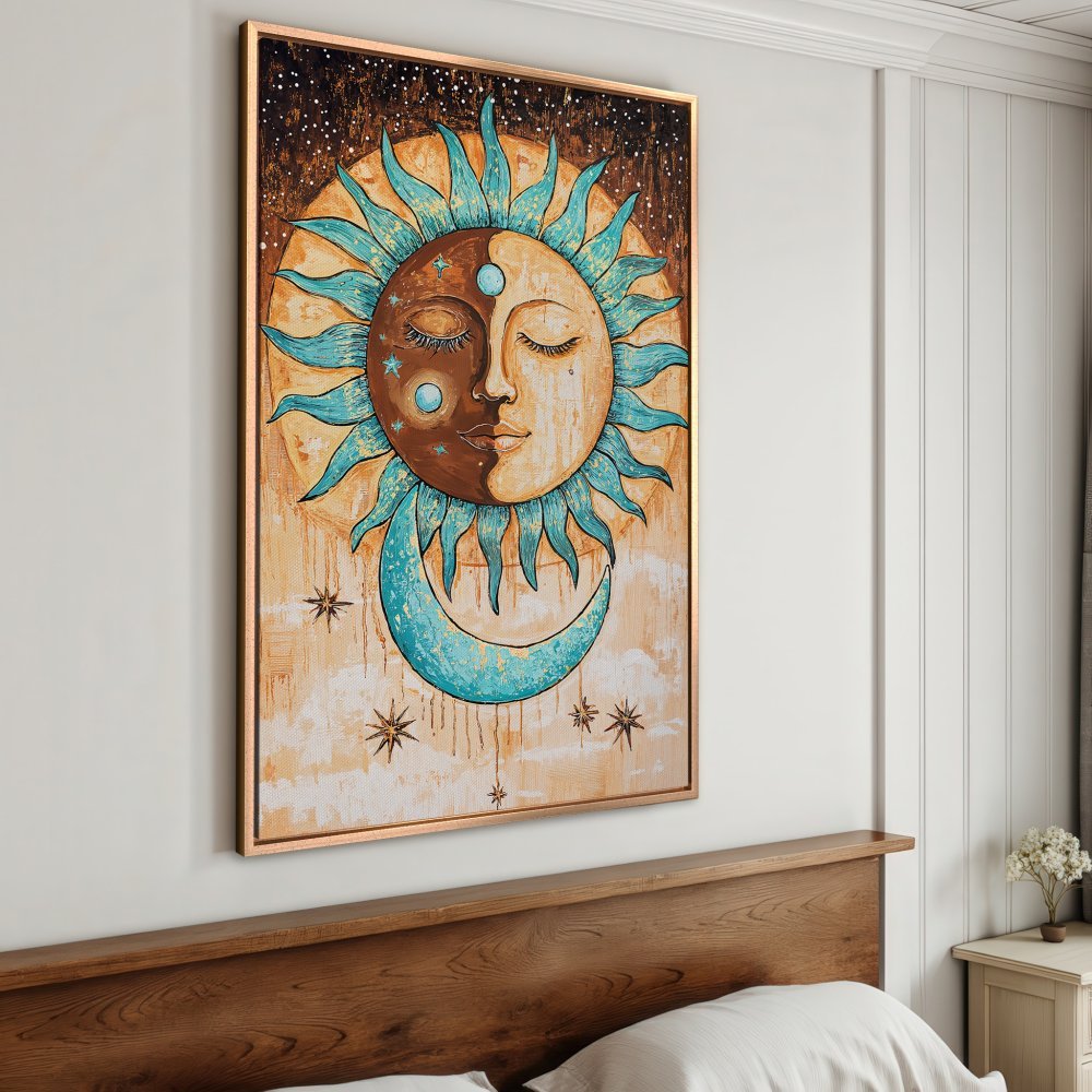 Framed Wall Art: Celestial sun and moon painting in teal and brown tones. Boho style canvas print for bedroom decor.