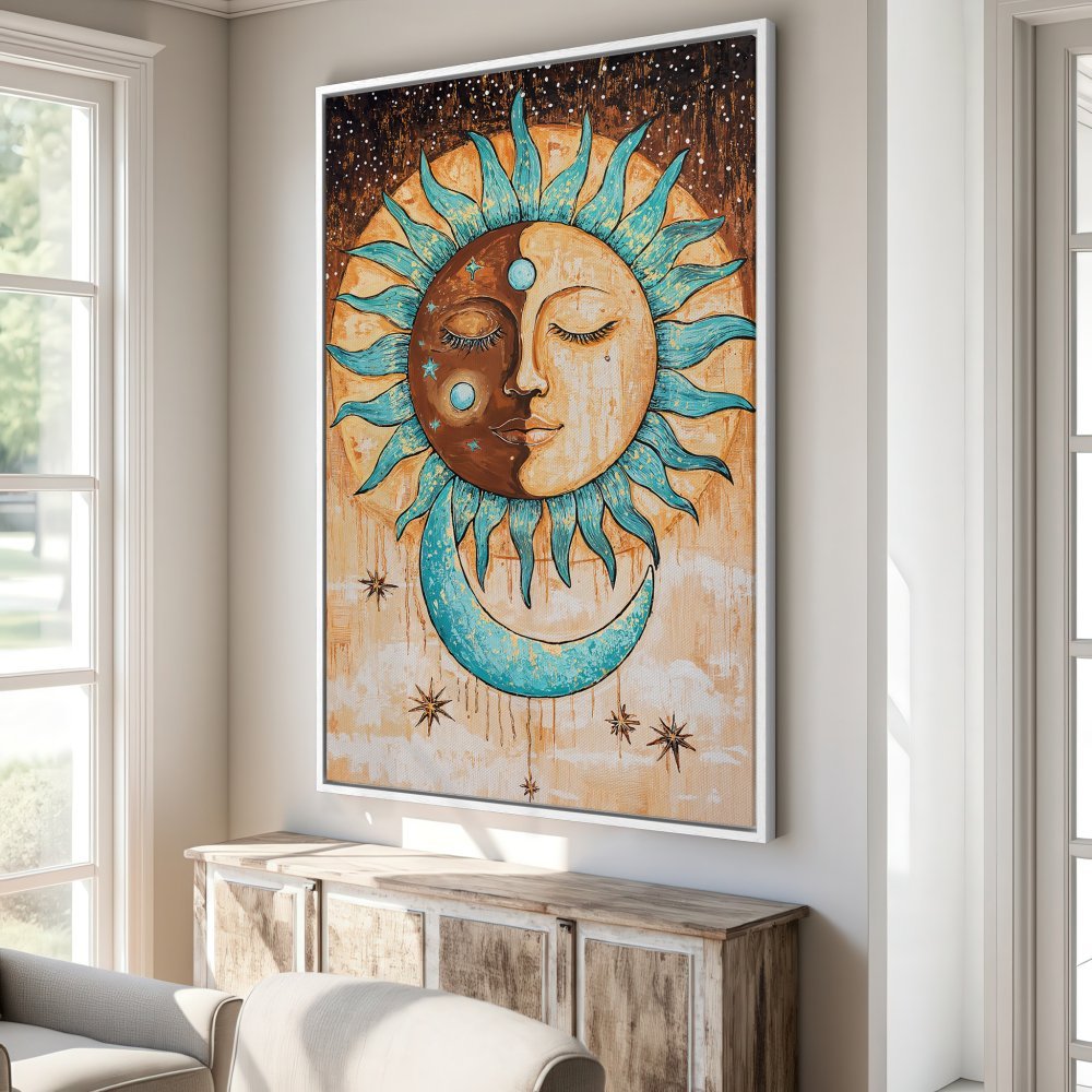 Framed Wall Art: Boho sun and moon canvas print in a warm, earthy palette with turquoise accents. Perfect for adding celestial style to your home decor.
