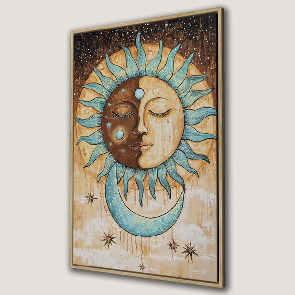 Framed Wall Art: Celestial sun and moon painting in boho style. Earthy tones with teal accents. Perfect for adding a mystical touch to your space.