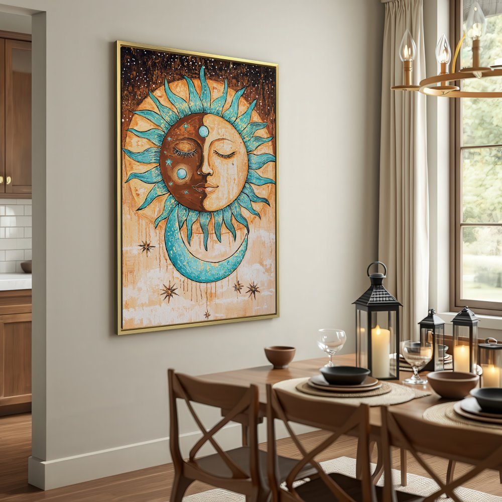 Canvas Print featuring a celestial sun and moon design in boho style. Earthy tones with pops of turquoise. Perfect wall art!