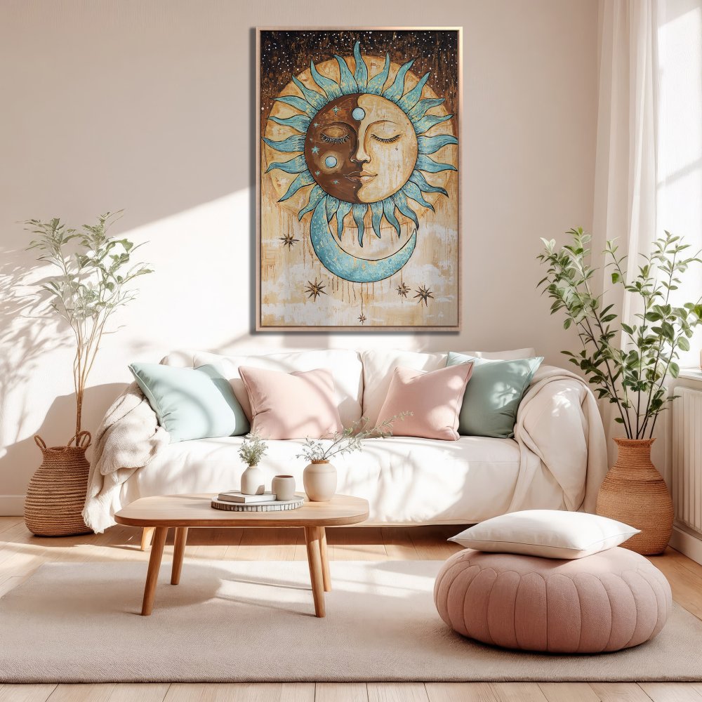 Framed Wall Art: Celestial sun and moon canvas print. Boho style, neutral and teal color palette. Perfect for living room decor.