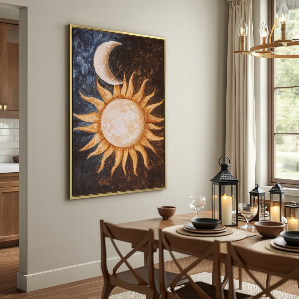 Canvas Print featuring a celestial sun and moon art piece in warm gold and blue tones, perfect for adding bohemian style to your home.