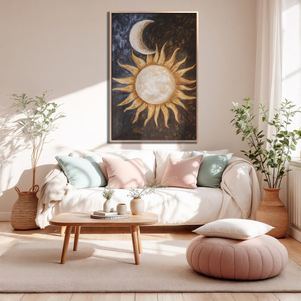 Framed Wall Art: Celestial sun and moon painting in warm gold and black tones. Boho style canvas print for living room decor.