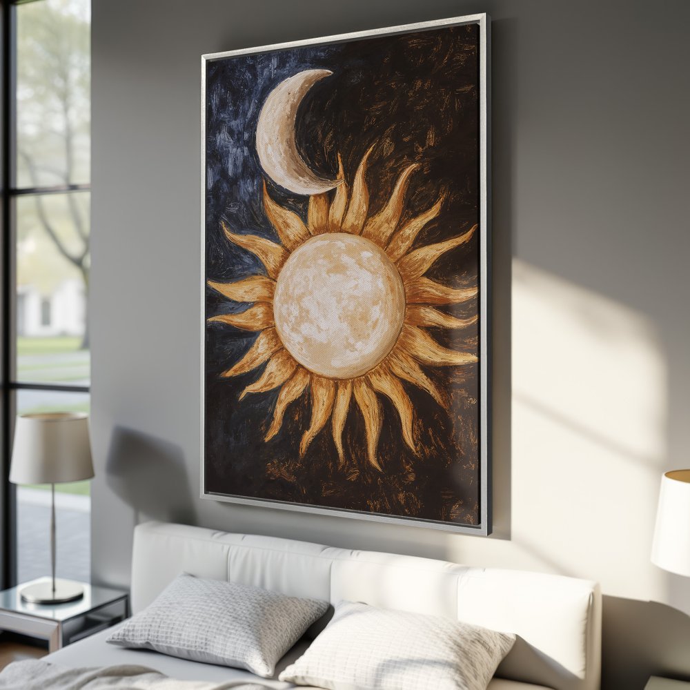 Framed Wall Art: Celestial sun and moon painting in warm gold and black, perfect for bedroom decor. Add a touch of art to your space!