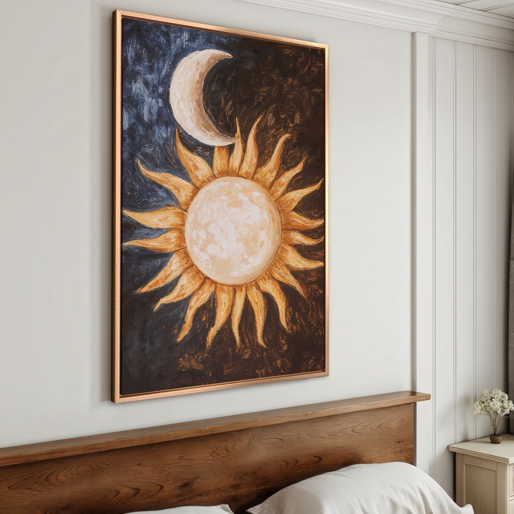 Framed Wall Art: Sun and moon painting in warm yellow, orange, and dark blue tones. Add celestial vibes to your bedroom decor with this canvas print!