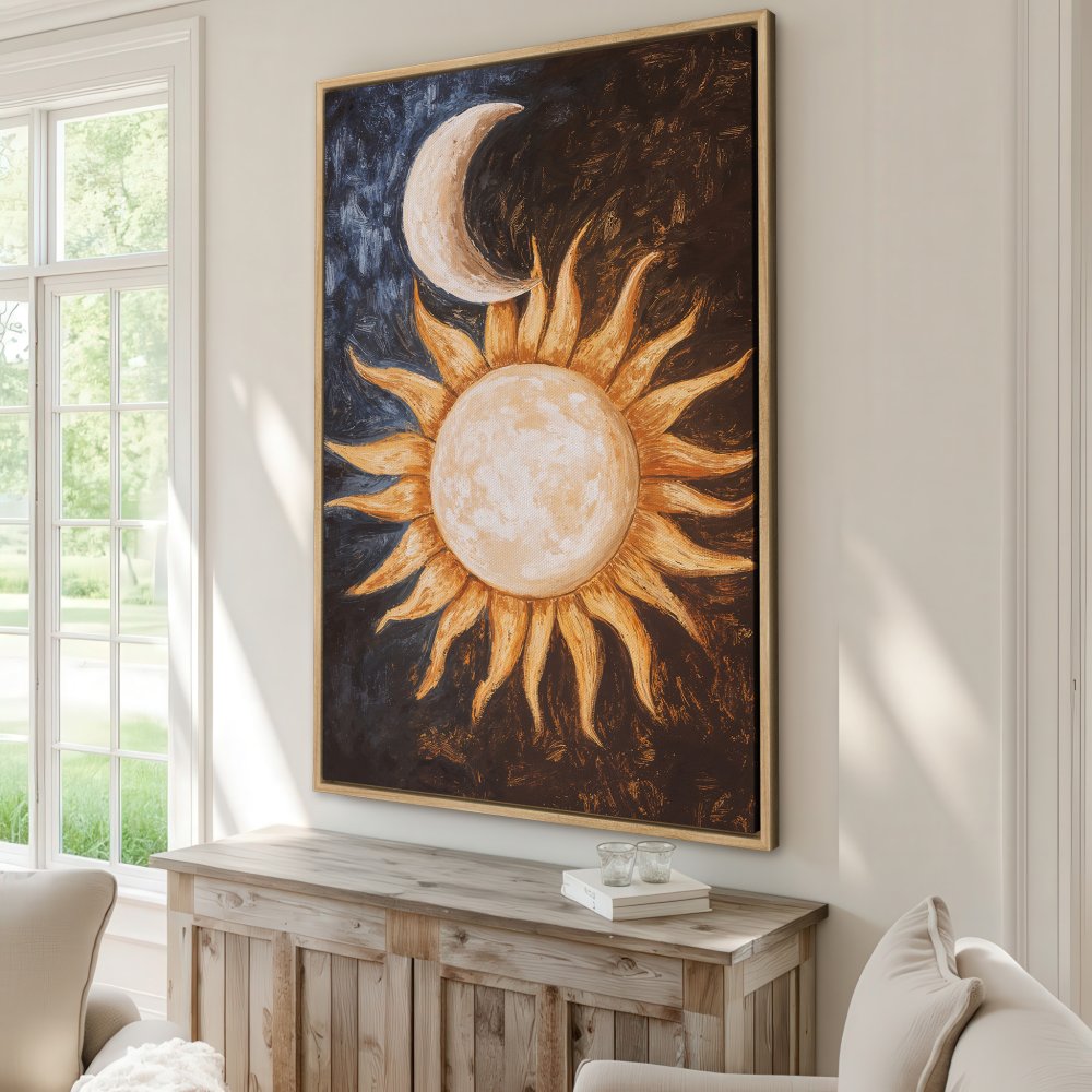 Framed Wall Art: Sun and moon painting in warm gold and navy tones. Perfect for adding a touch of bohemian style to your home decor.