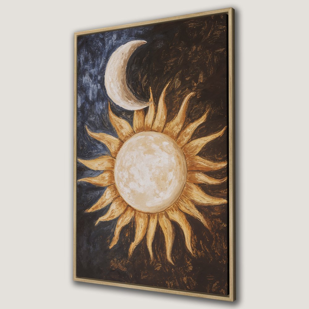 Canvas Print featuring a celestial sun and moon painting in warm gold and dark blue tones. Perfect wall art for any space!