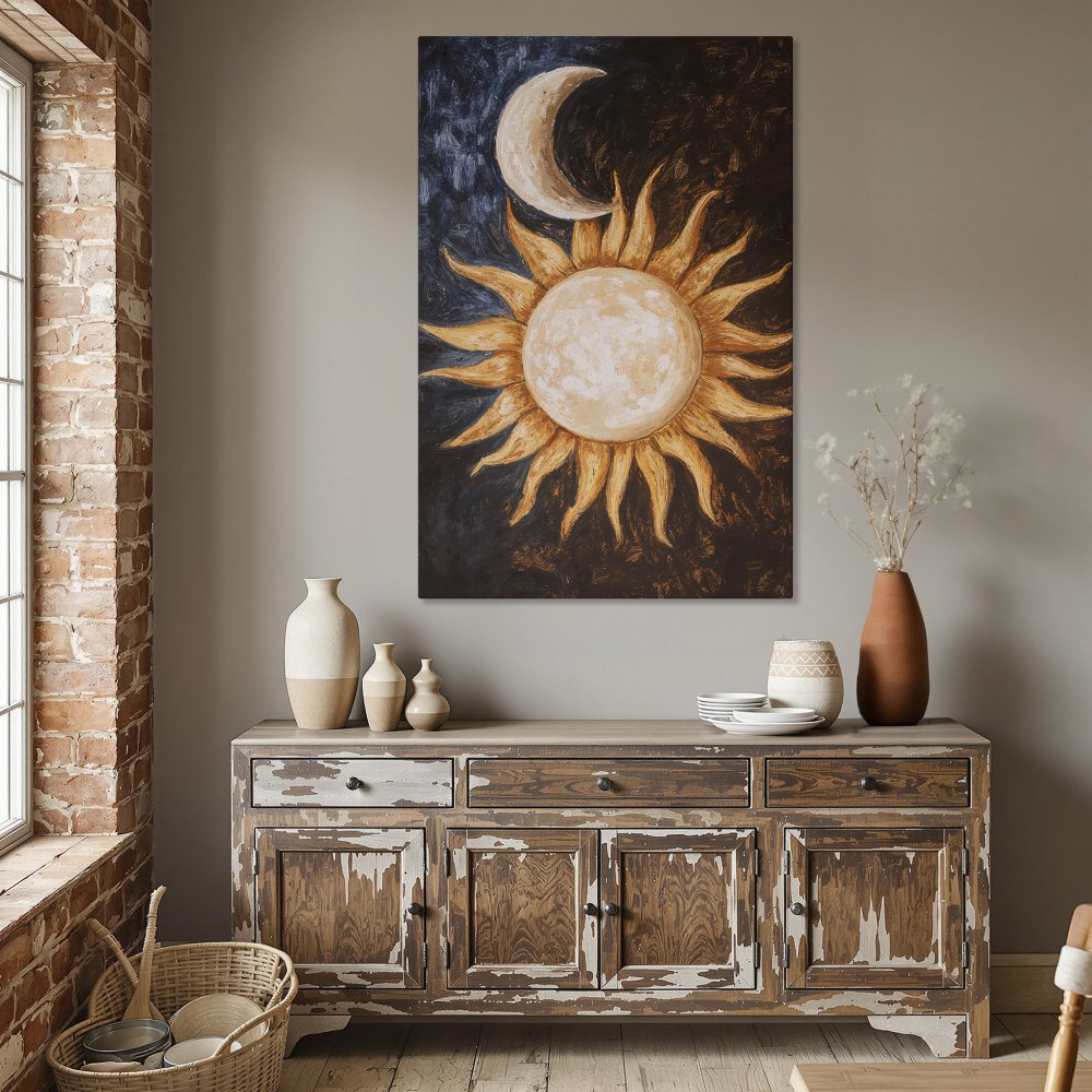 Framed Wall Art: Celestial sun and moon painting in warm gold and navy tones. Perfect for adding a touch of bohemian style to your dining room.