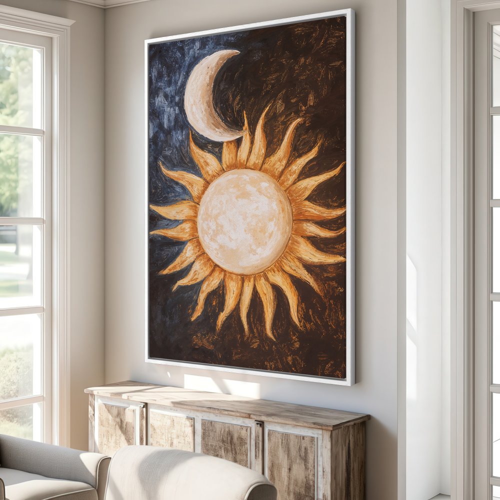 Framed Wall Art: Sun and moon painting in warm orange and dark blue hues. Modern art style, perfect for adding a celestial touch to your home decor.