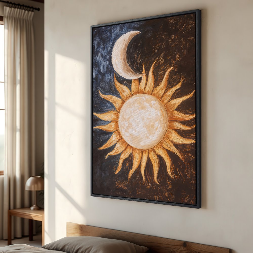Framed Wall Art: Celestial sun and moon painting in warm, earthy tones. Add bohemian style to your space with this unique canvas print.