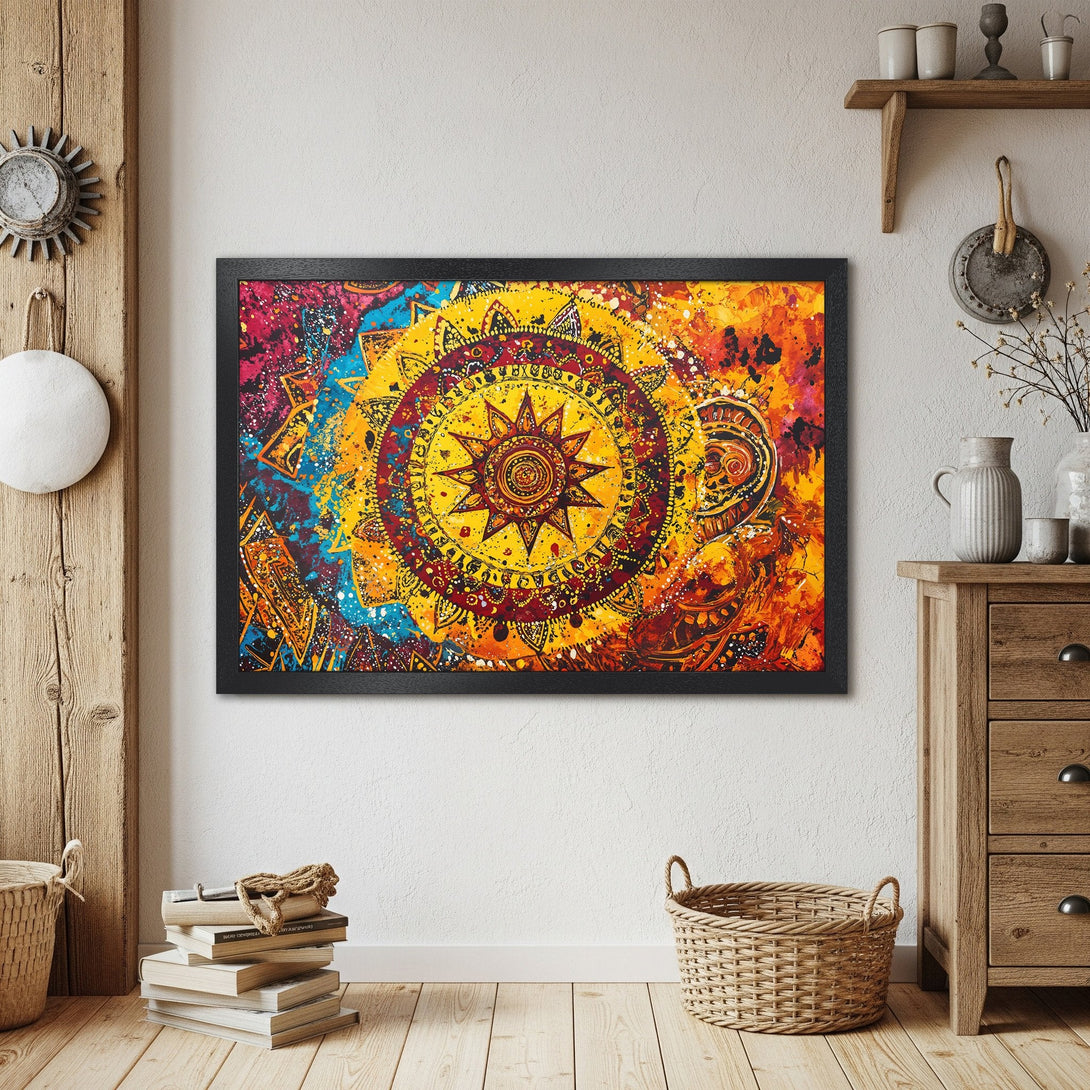 Framed Poster featuring a vibrant mandala design in a warm, colorful palette of yellow, orange, and red. Perfect wall art!