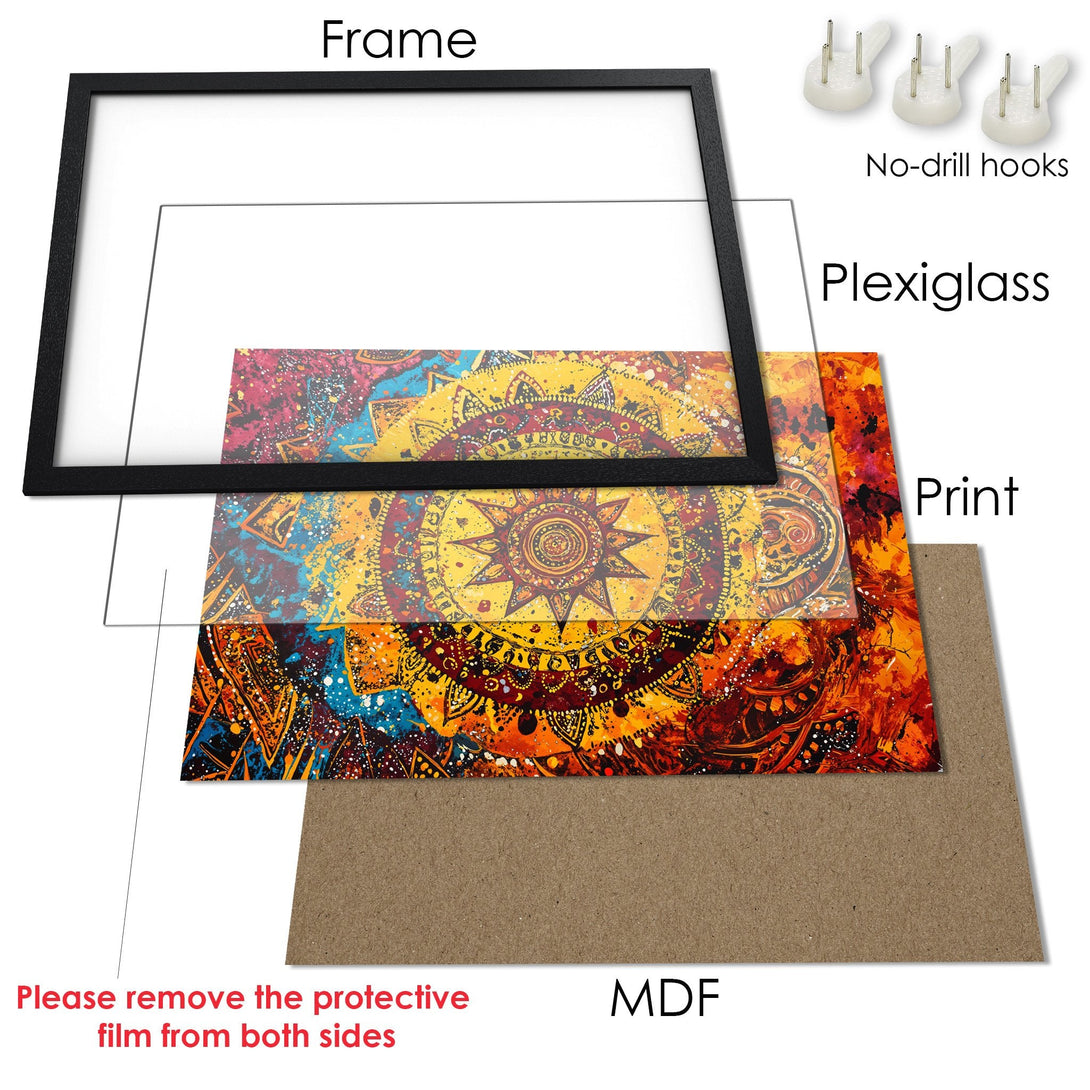 Framed Poster featuring a vibrant abstract mandala design in warm orange, yellow, and blue tones. Perfect wall art!
