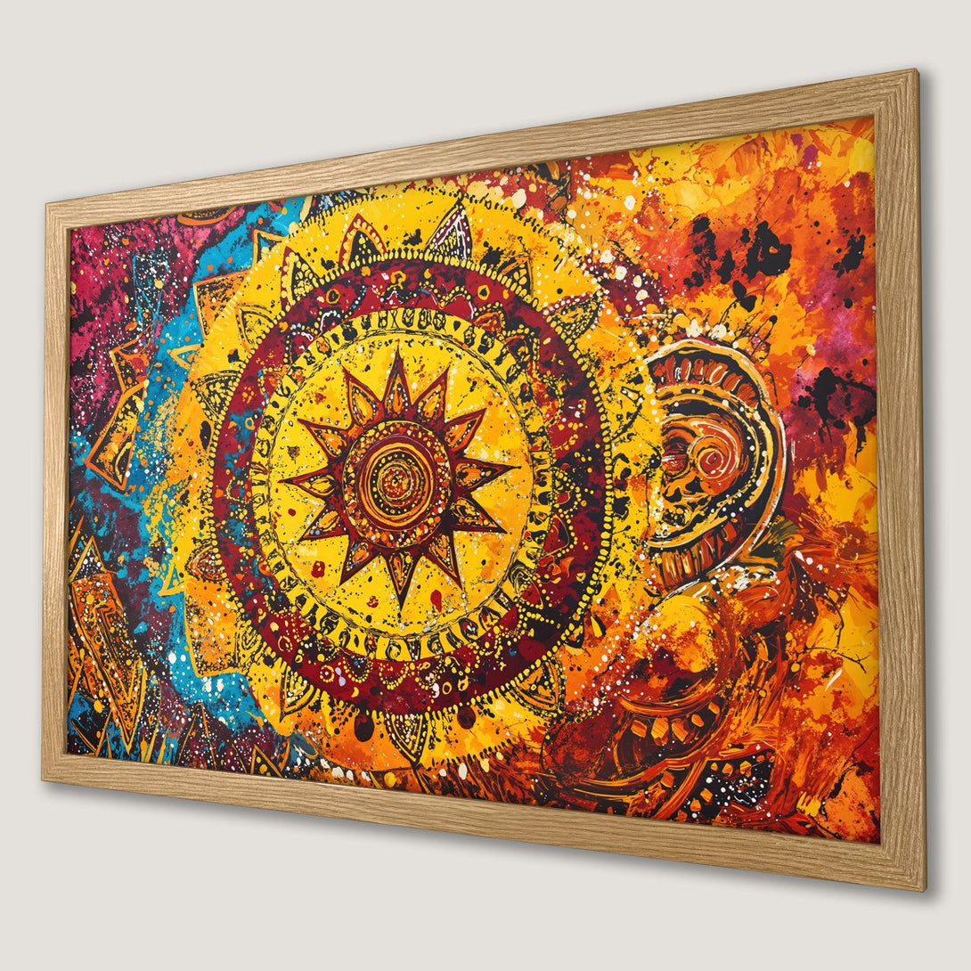 Framed Poster featuring a vibrant mandala design in warm yellow, orange, and red hues. Abstract art style, perfect wall decor.