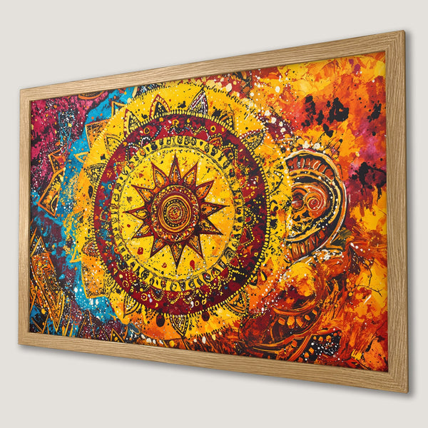 Framed Poster featuring a vibrant mandala design in warm yellow, orange, and red hues. Abstract art style, perfect wall decor.