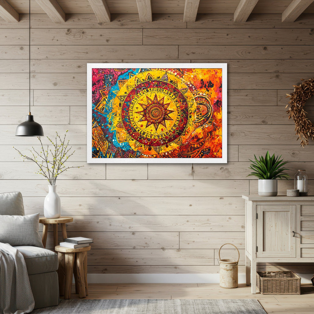 Framed Poster of a vibrant mandala art print, boho style, featuring a warm, colorful palette of yellow, orange, and blue. Perfect wall decor!