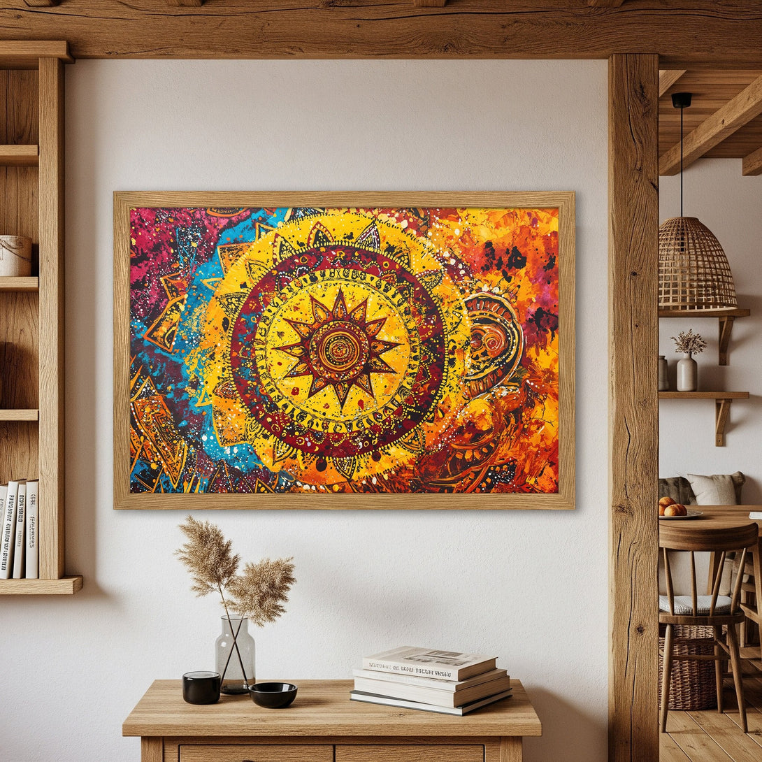 Framed Poster featuring a vibrant mandala design. Bold, colorful art with warm yellow, orange, and red hues. Perfect for adding a pop of color!