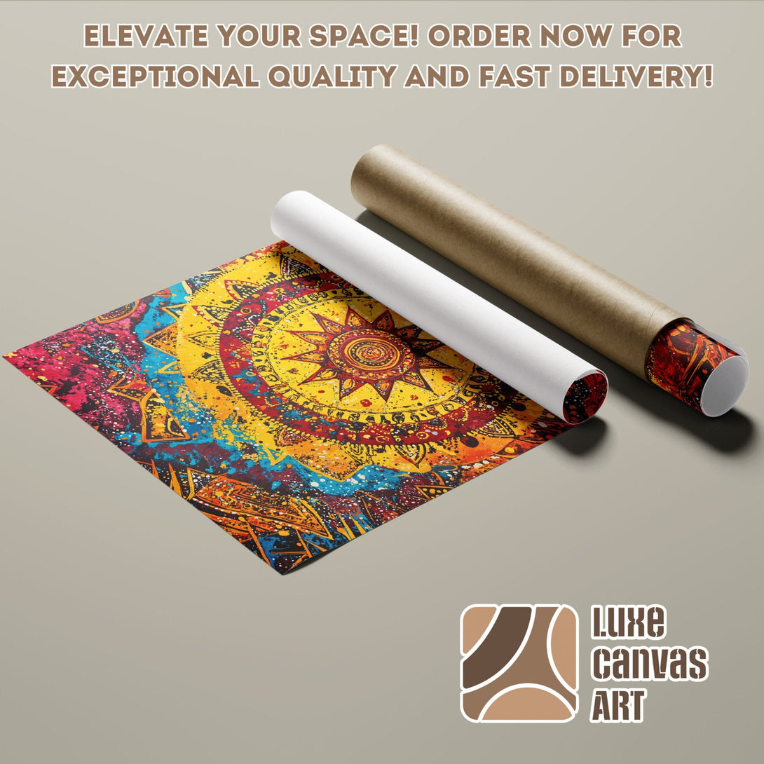 Colorful abstract art poster roll, featuring a vibrant mandala design with a warm color palette.