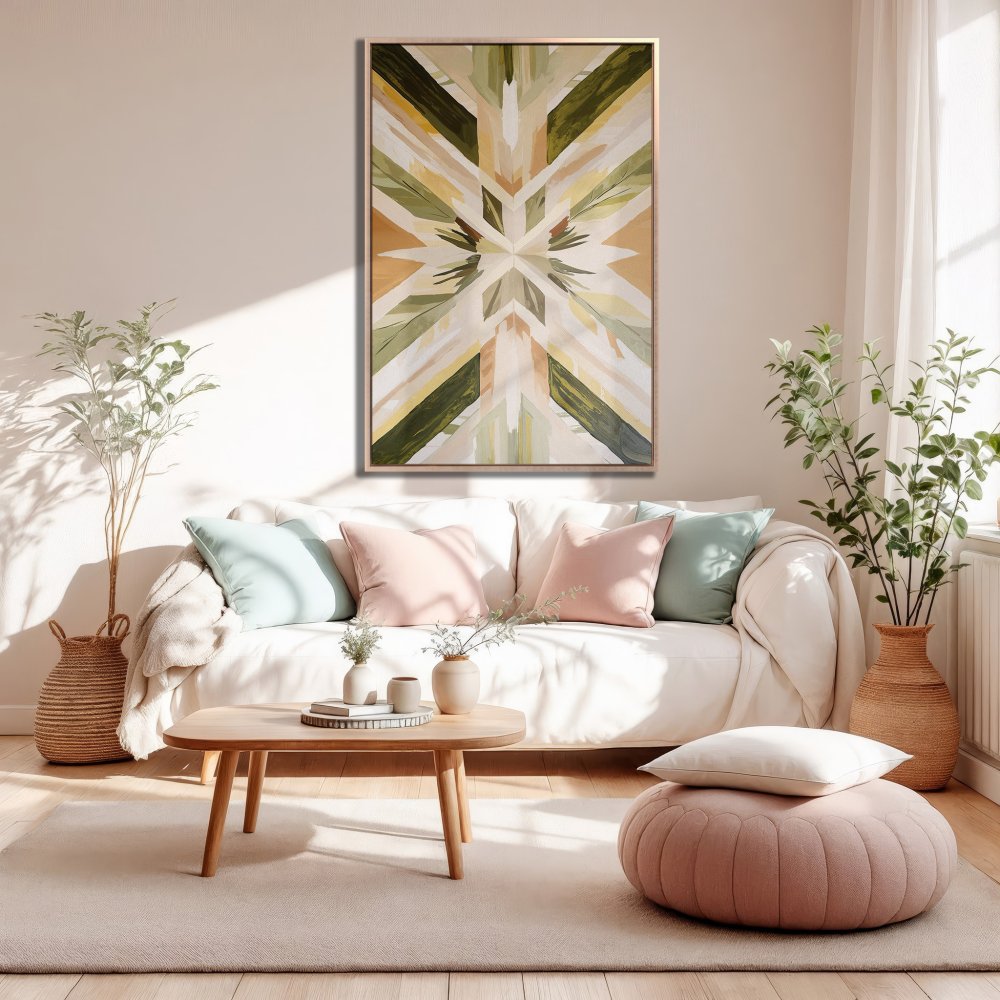 Framed Wall Art: Modern abstract geometric art in green, beige, and gold tones. Perfect for living room decor. Shop our Canvas Print collection!