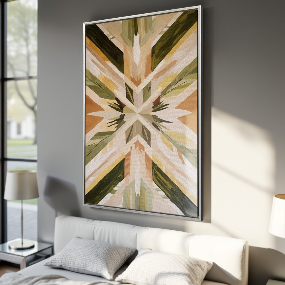 Framed Wall Art: Abstract geometric design in earthy tones of green, beige, and brown. Modern style Canvas Print adds a touch of nature to your space.