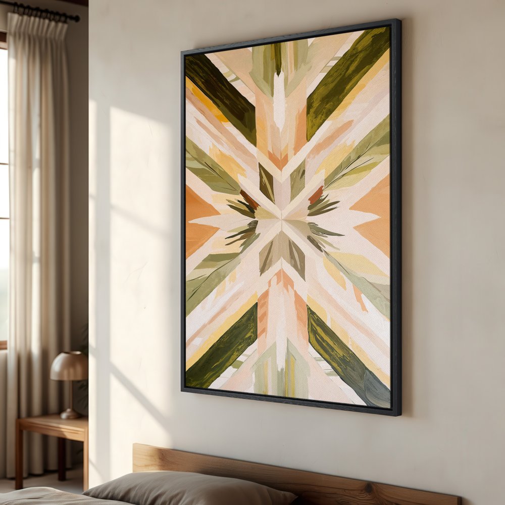 Framed Wall Art: Abstract geometric Canvas Print in earthy tones. Modern art piece with green, beige, and orange color palette, perfect for home decor.