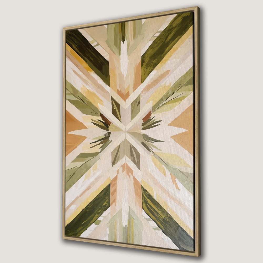 Framed Wall Art: Abstract geometric design in earthy tones of green, beige, and yellow. Modern canvas print for stylish home decor.