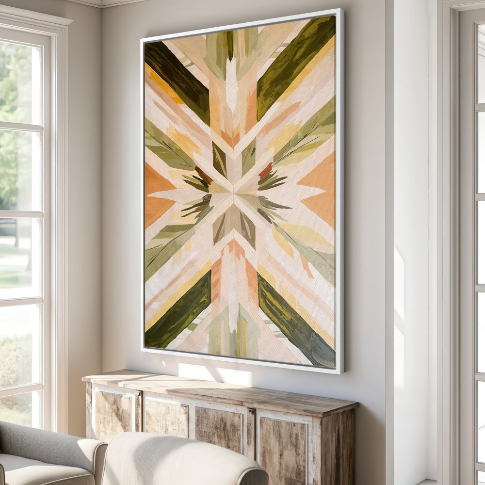 Geometric Canvas Print in warm earth tones. Abstract art with green, orange, and beige palette. Modern wall decor for living room.