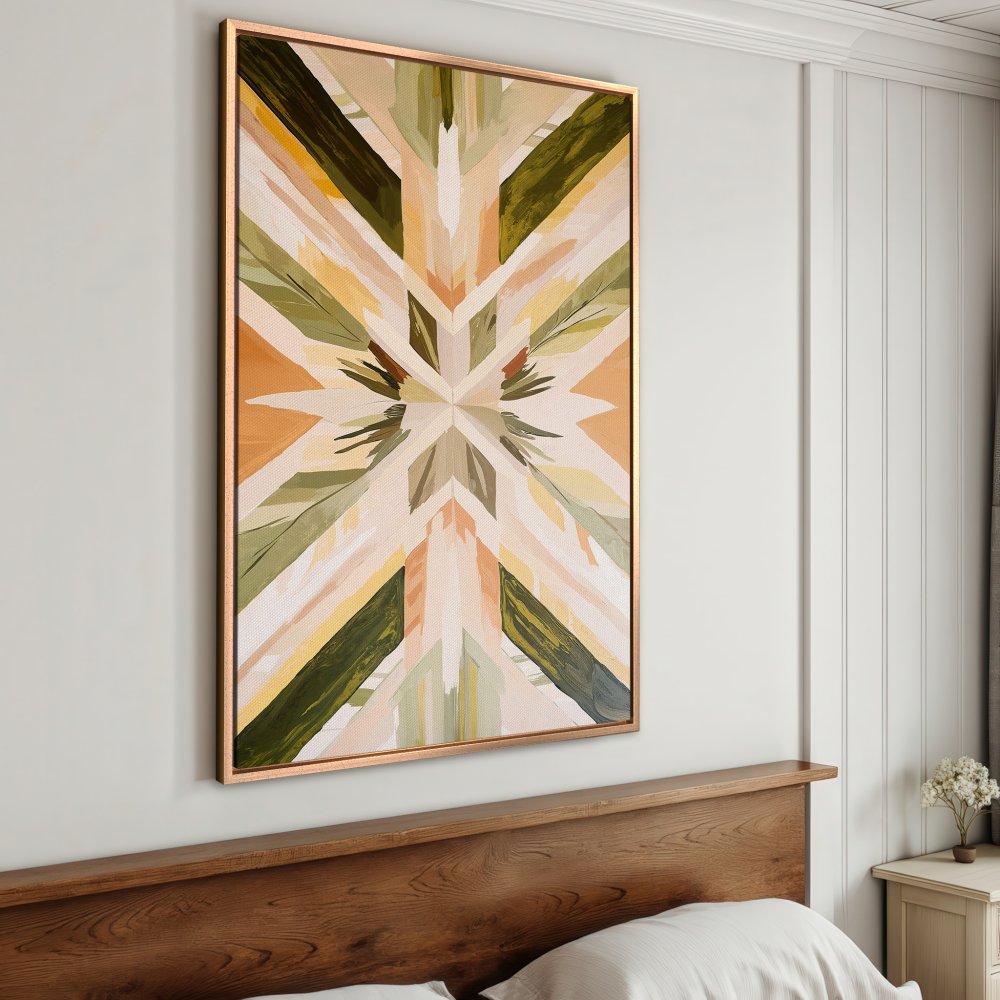 Framed Wall Art: Abstract geometric Canvas Print in warm earthy tones, perfect for modern home decor. Featuring a copper frame.