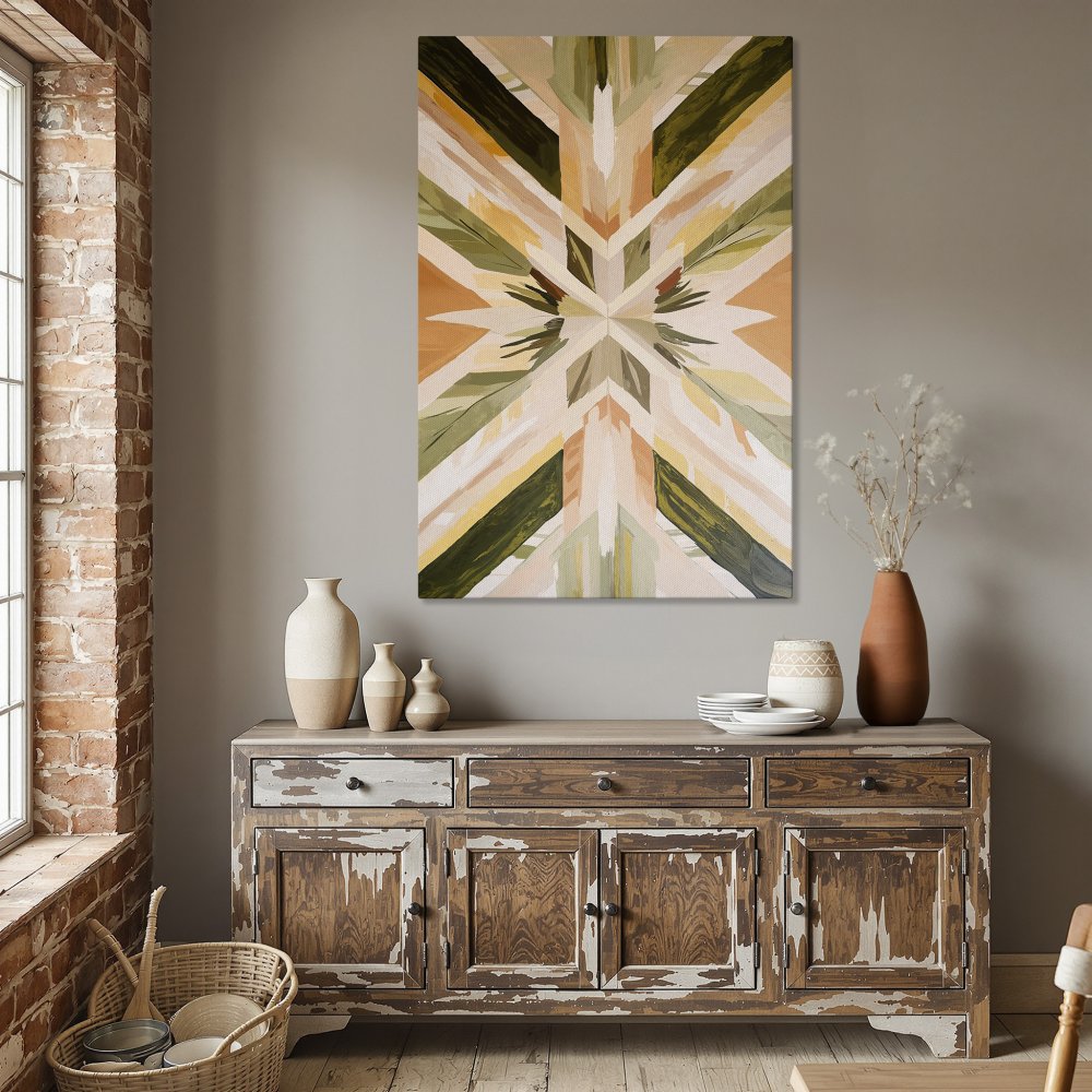 Framed Wall Art featuring an abstract geometric design in earthy tones. Modern canvas print adds a touch of elegance to any dining room.