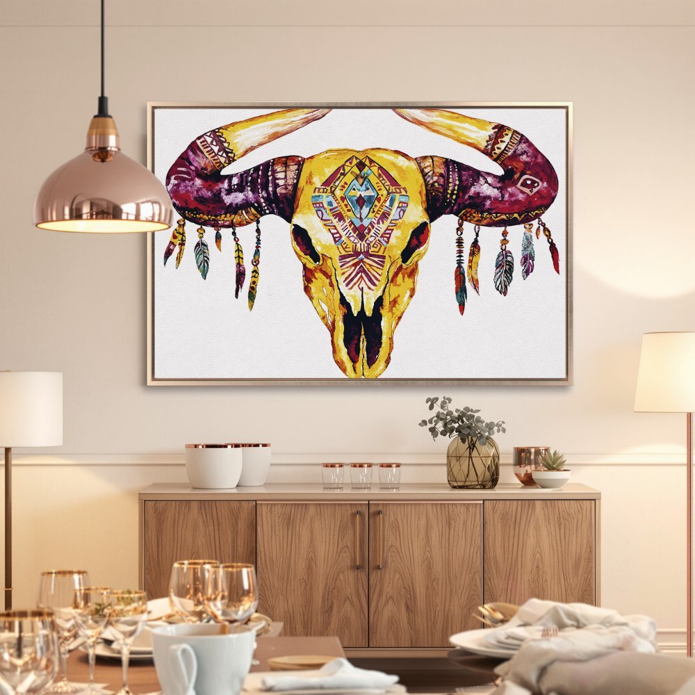 Boho Canvas Print: Watercolor bull skull art in warm yellows, reds, and blues. Add a touch of Southwestern style to your home decor!