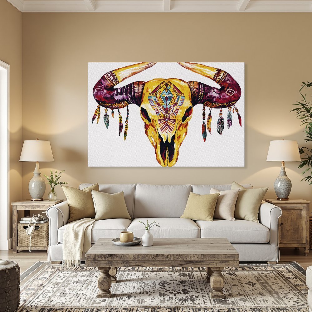 Framed Wall Art featuring a watercolor bull skull. Boho style with a warm yellow and red color palette. Perfect for adding a unique touch!