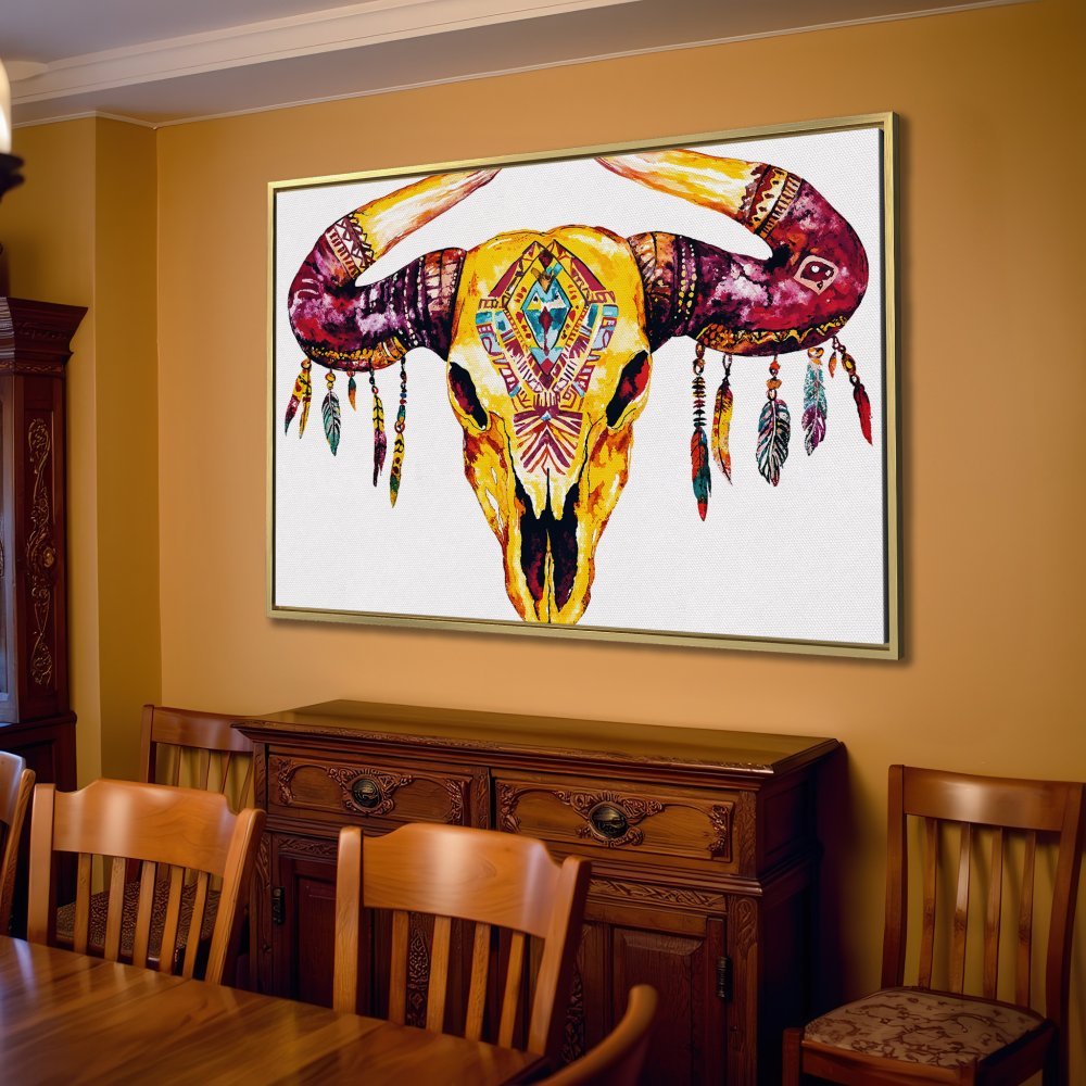 Canvas Print of a watercolor bull skull in boho style. Warm yellow & burgundy palette, perfect for living room decor.