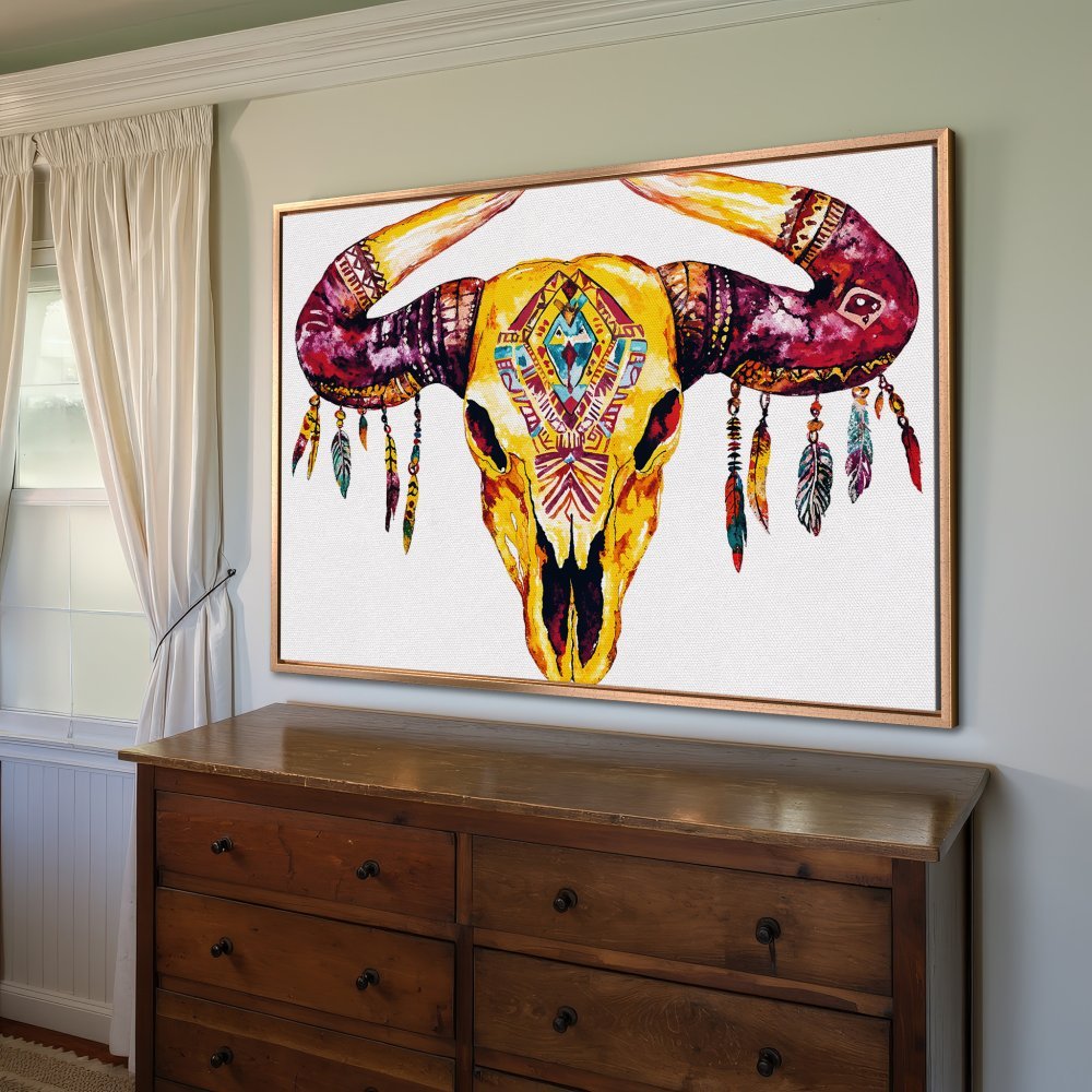 Boho Canvas Print: Watercolor bull skull art with a vibrant yellow, purple, and turquoise palette. Perfect wall decor for a stylish home.