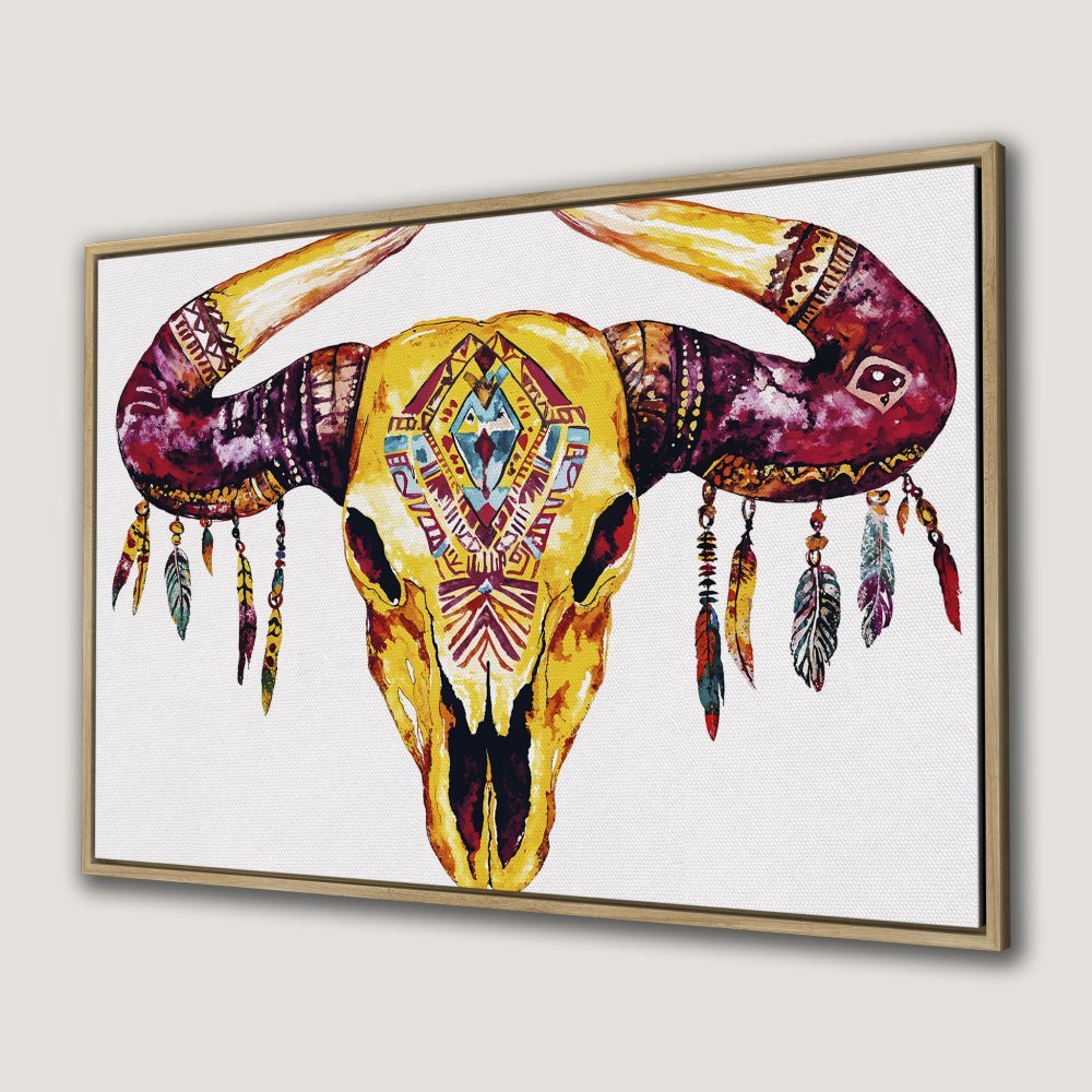 Canvas Print: Watercolor bull skull art with vibrant yellow, purple, and red hues. Boho style framed wall art for a stylish interior.