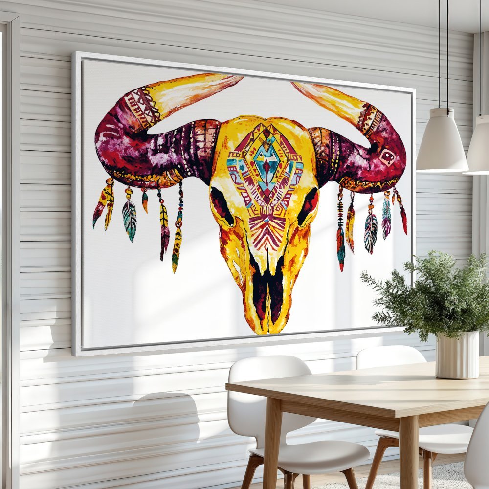 Boho Canvas Print: Watercolor bull skull art in vibrant yellow, red, and purple hues. Perfect framed wall art for a stylish interior.