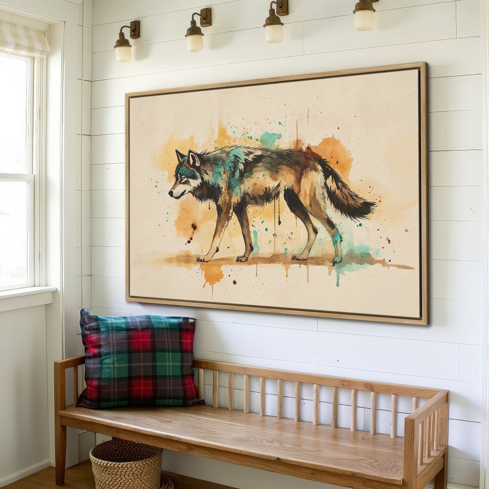 Framed Wall Art: Watercolor wolf print in earthy tones. Rustic style canvas print adds a touch of nature to your home decor.