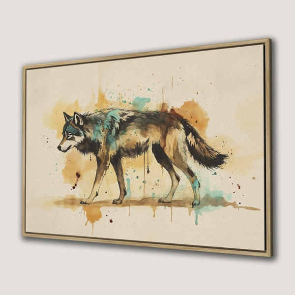 Watercolor Canvas Print of a majestic wolf. Earthy tones of brown, teal, and beige. Perfect framed wall art for your home.