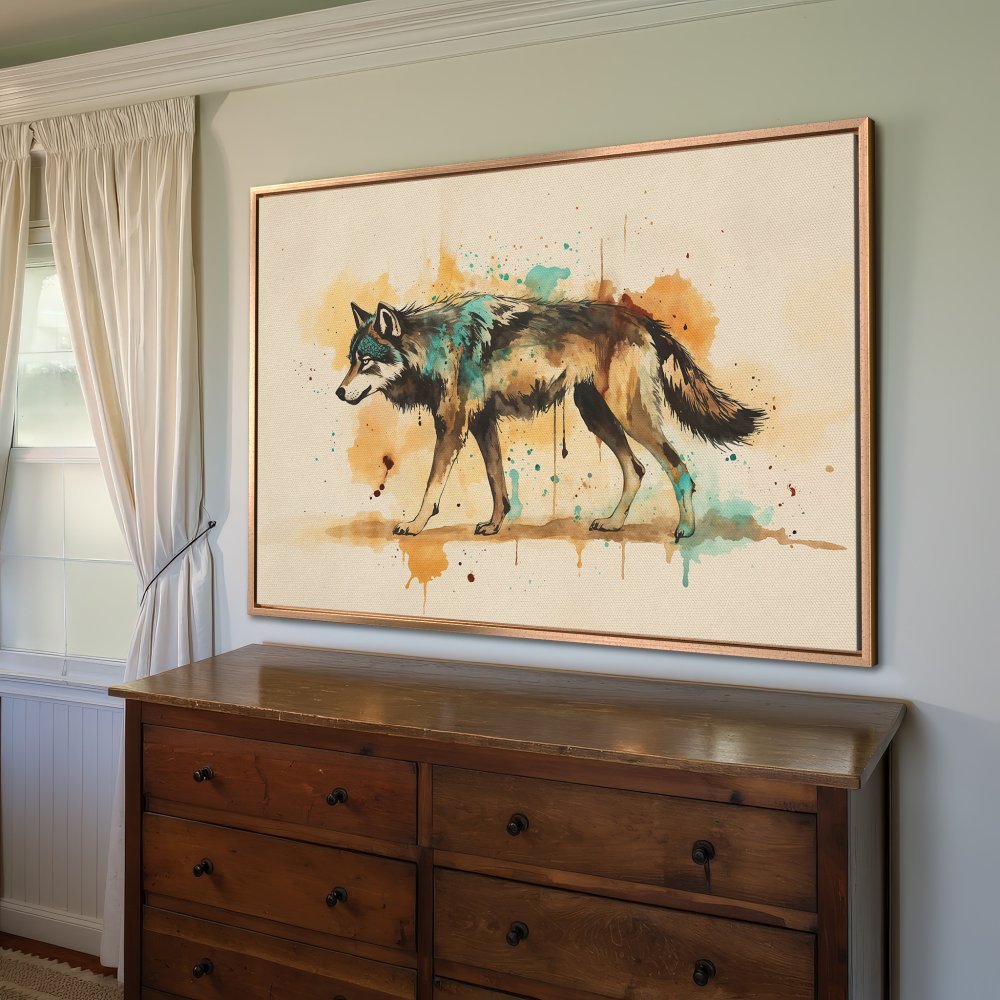 Framed Wall Art: Watercolor wolf Canvas Print in earthy tones. Add a touch of nature with this stunning artwork!