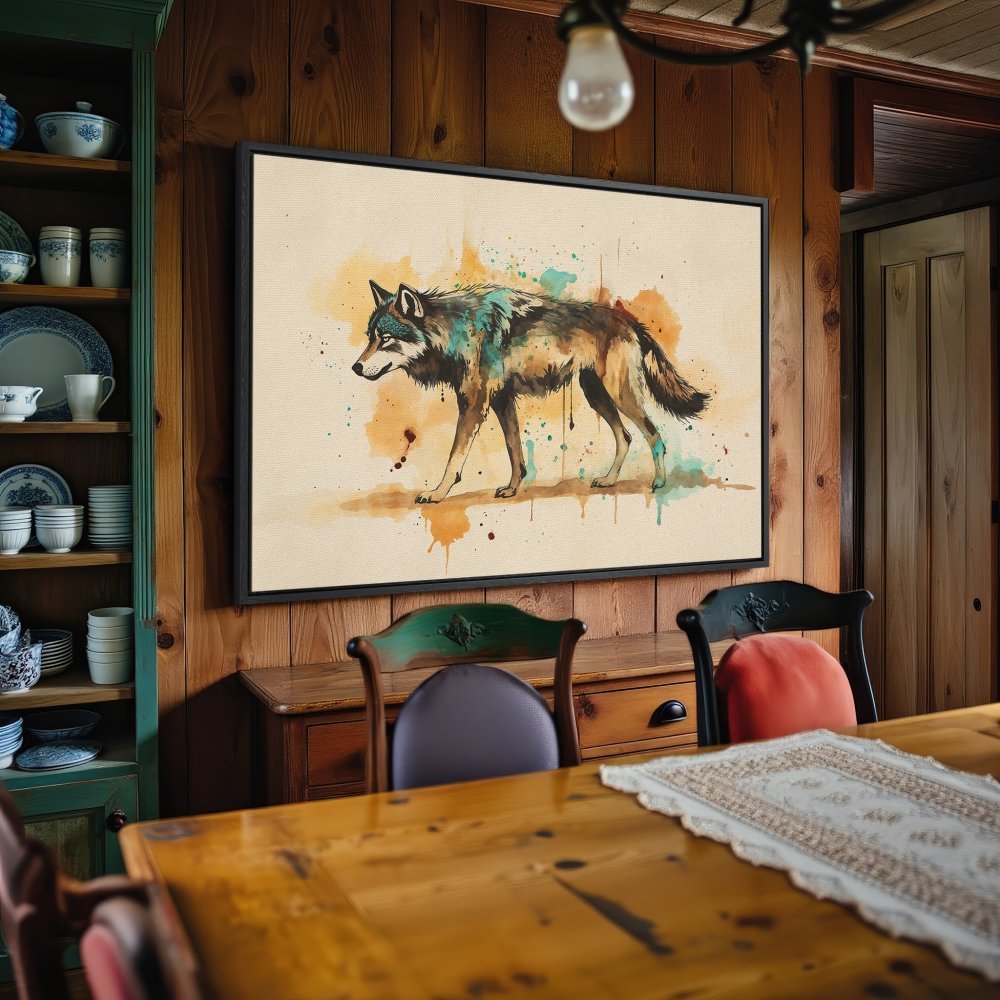 Framed Wall Art: Watercolor wolf print in a rustic setting. Earthy tones with teal accents. Perfect for lodge decor.