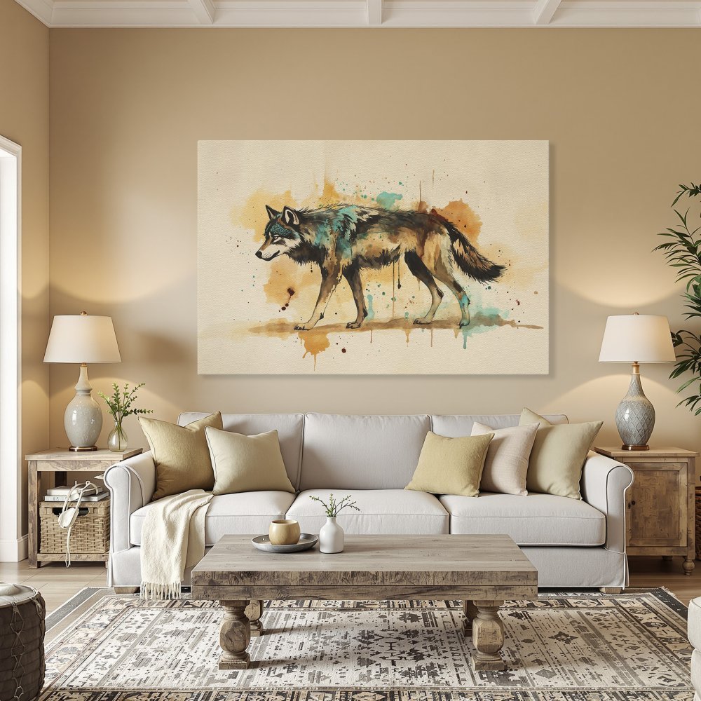 Framed Wall Art: Watercolor wolf print with teal, brown, and orange hues. Add a touch of nature to your home with this stunning canvas print.