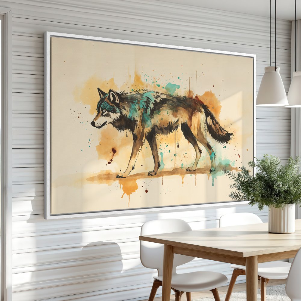 Watercolor wolf Canvas Print in warm earth tones, perfect for adding a touch of nature to your home decor.