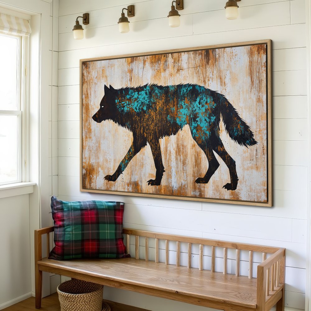 Framed Wall Art: Abstract wolf silhouette Canvas Print in teal, black, and gold. Rustic style art for home decor.