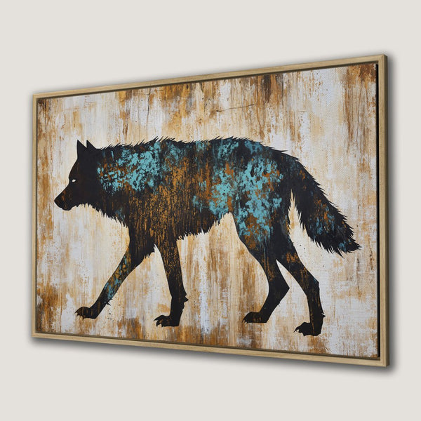 Framed Wall Art: Abstract wolf silhouette Canvas Print in black, teal, and gold tones. Rustic, nature-inspired art for your home.