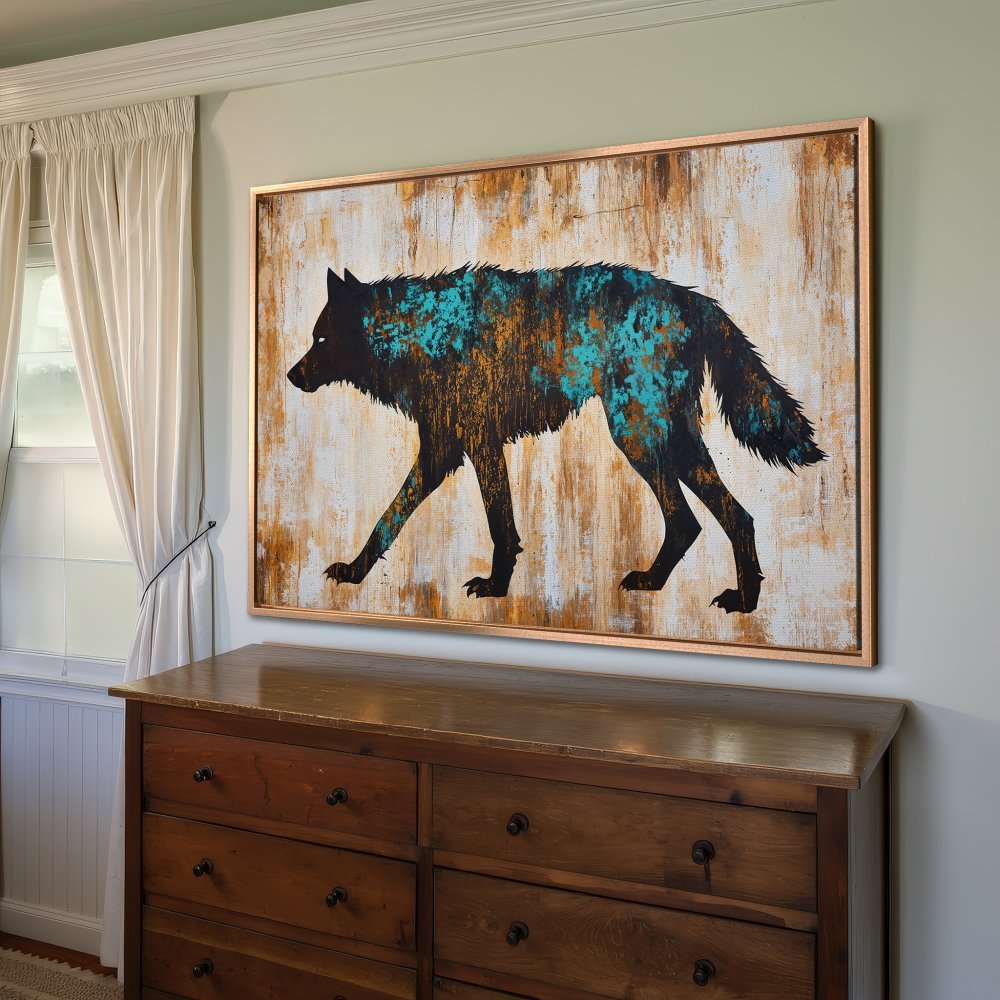 Framed Wall Art: Abstract wolf silhouette in black, teal, and gold. Modern canvas print for rustic home decor.