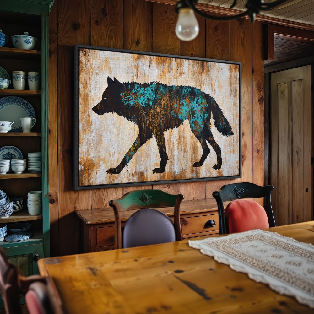Framed Wall Art: Abstract wolf silhouette in teal & gold on textured canvas. Rustic style, perfect for cabin decor.