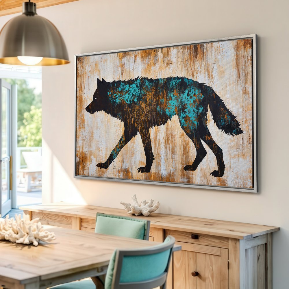 Framed Wall Art: Modern wolf silhouette Canvas Print in teal, black, and gold. Rustic, abstract style perfect for living room decor.